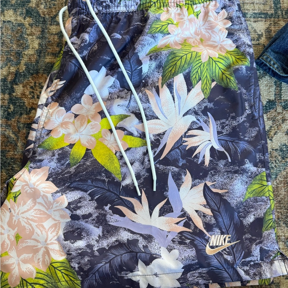 Nike White Mesh-Lined Floral Swim Shorts with Navy & Pastel Accents